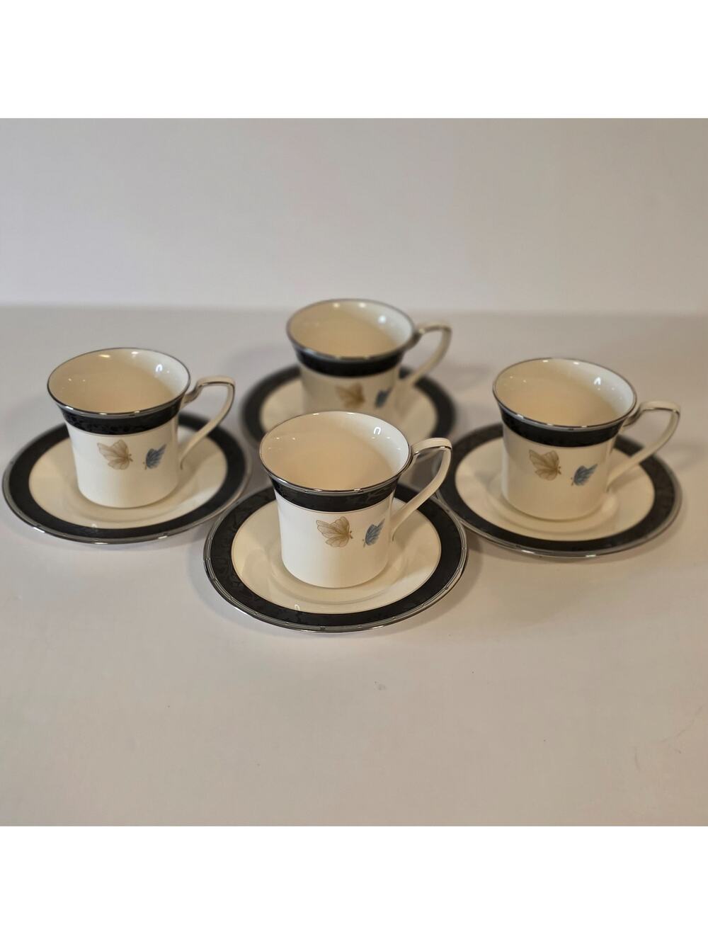 4 Vintage Noritake Fine China Enchanteur 7701 Flat Cup & Saucer Butterfly Japan